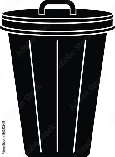 Black trash bin silhouette with handle on white background