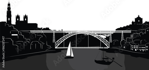 Porto Portugal city skyline silhouette vector illustration, panoramic urban view with Dom Luis I Bridge and traditional Rabelo boats, black design
