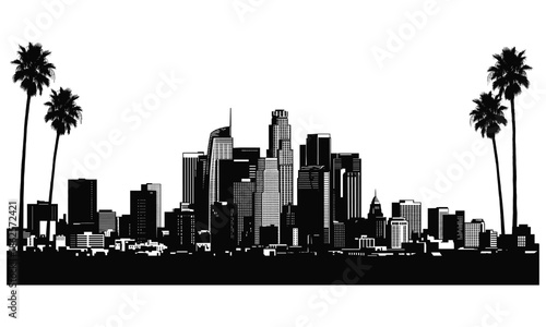 Los Angeles city skyline silhouette vector illustration, downtown urban landscape with palm trees, black and white panoramic view design graphic