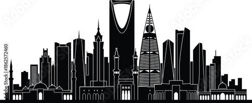 Saudi Arabia Riyadh city skyline silhouette vector illustration, modern urban landscape with Kingdom Centre and Al Faisaliah Tower, black design