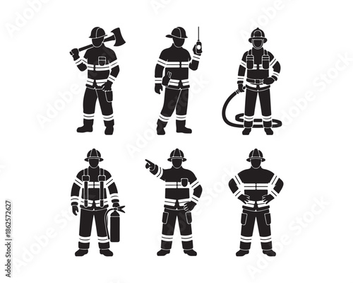 firefighters silhouette, firefighter team silhouette, group of firefighters vector, fire rescue team illustration, fire crew vector collection set, firefighters silhouette, firefighter team silhouette