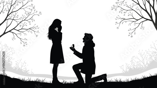 Man proposing to woman in a serene outdoor setting