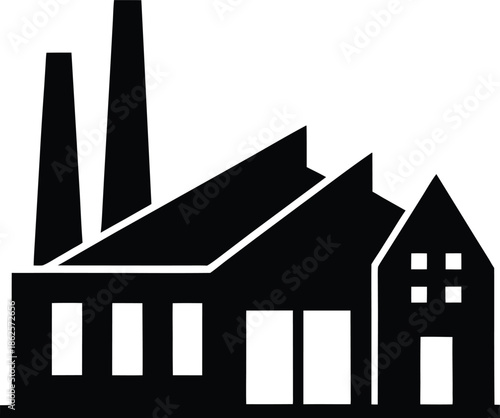 Black factory silhouette with tall smokestacks and windows