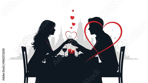 Couple enjoying a romantic dinner together with city skyline