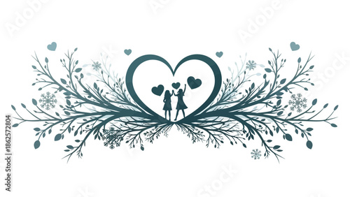 Couple standing together in heart shape with leaves and flowers