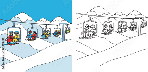 Ski lift with happy skiers in winter mountains vector illustration set containing colorful cartoon and black and white outline for coloring book page