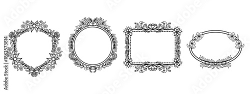Set of geometric floral frame, border with leaves, wreaths, flower elements. Hand drawn sketch pencil style vector illustration