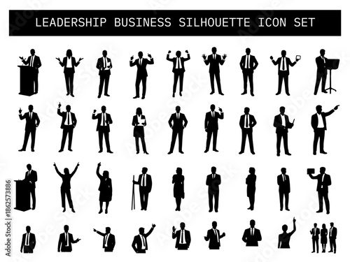 Silhouette icons of business professionals in leadership poses like speaking, presenting, and gesturing.
