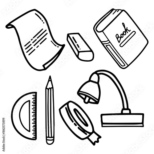 Vector illustration of a set of hand drawn doodle style school and office stationery