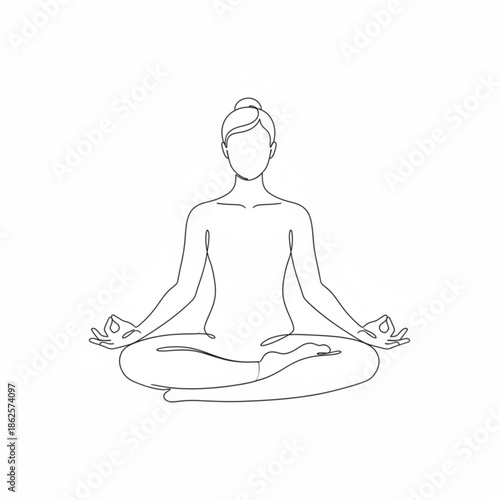 Meditation Mind: A line drawing captures the serene practice of meditation, portraying a person seated cross-legged in a pose of tranquility, fostering a sense of mindfulness and inner peace.