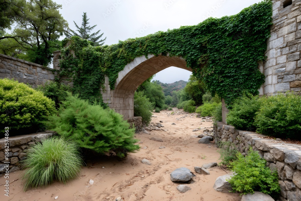Fototapeta premium Stone arch bridge with ivy over dry riverbed