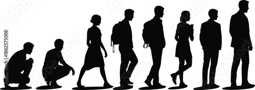 age progression, posture change, childhood to adulthood, aging concept, backpack figures, generational growth, physical transformation, minimalist art, people evolution