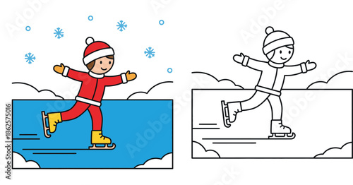 Cute happy kid ice skating in winter with snowflakes. Vector illustration with colorful version and black and white outline for coloring book page.