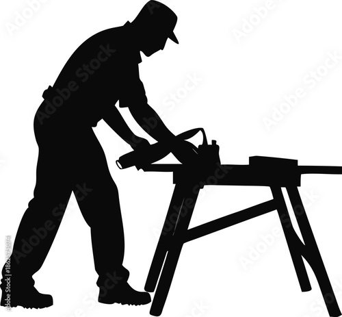 Carpenter Sawing A Piece Of Wood Silhouette