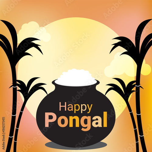 Happy Pongal poster. Banner with a silhouette of a rice pot and sugarcane against a sunny background. Vector image.