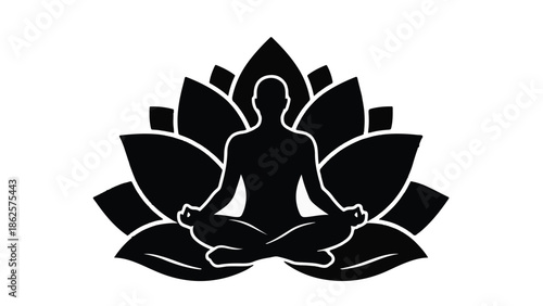 Silhouette of person meditating peacefully in lotus pose against a blooming lotus flower