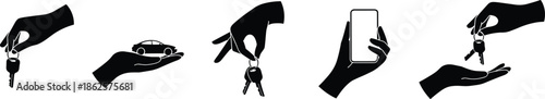 Car key hand gestures, vehicle access, car ownership, key exchange, auto service, silhouette icons, driving concept, rental, digital car, transportation, mobile access, car transaction, car handover