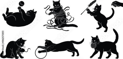 Cartoon cats, playful kittens, cat toys, yarn cat, feather toy, mouse toy, hoop play, ball carrying, cat behavior, cat action, cat movement, cat interaction, cute cat, funny cat, domestic cat