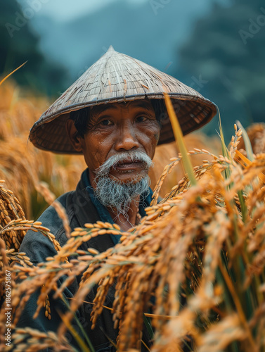 farmer, harvest, asian, senior, man, field, paddy, grain, rural, thailand, worker, traditional, lifestyle, organic, food, golden, nature, sustainability, abundance, prosperity, growth, success, herita