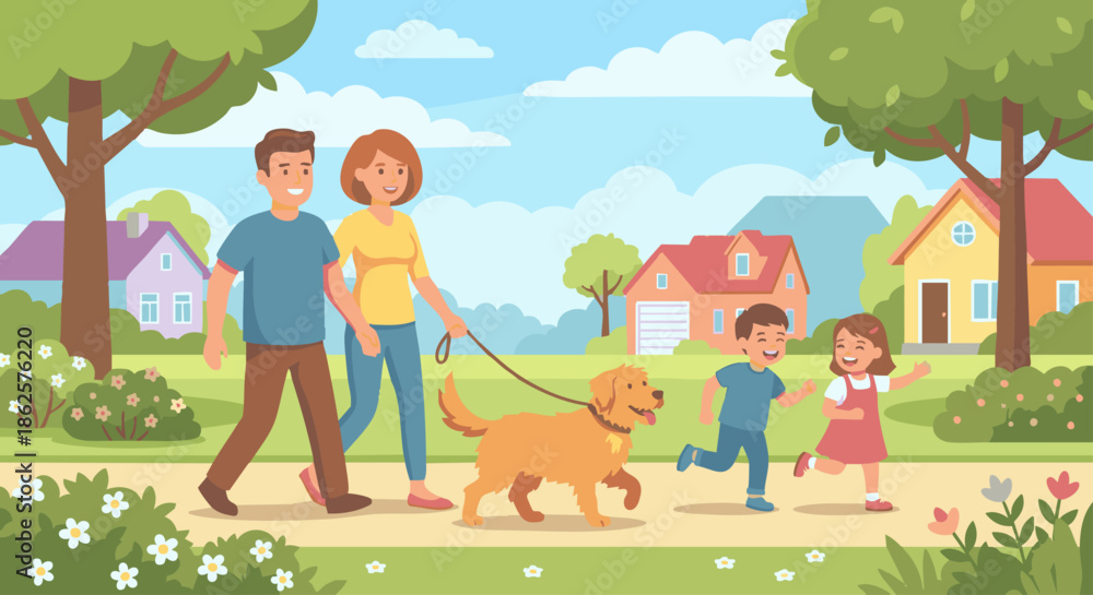 Naklejka premium A wholesome family outdoor scene in clean vector art style. Parents and children walking a dog in a neighborhood or park, trees and houses in the background. Flat design, bright yet soft colors