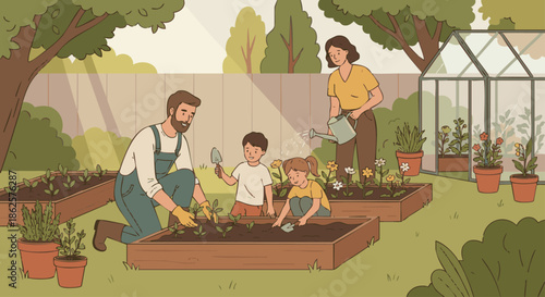 A peaceful family gardening scene in vector style. A backyard garden with plants, flowers, and pots. Parents and children planting seeds, watering plants. Flat illustration, earthy tones