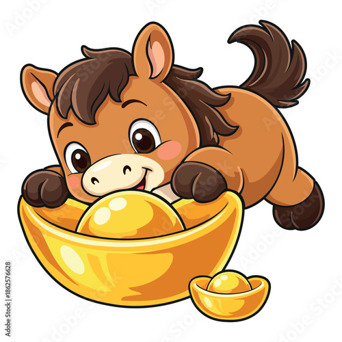 A dynamic and joyful cartoon horse mascot leaping happily over a large Chinese gold ingot (yuanbao), representing rapid success and abundant wealth for the Year of the Horse 2026. High-quality vector 