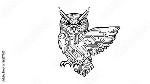 Wise owl illustration made from intricate circuit board patterns, symbolizing knowledge and technology