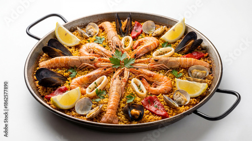 Delicious Spanish Seafood Paella cooked in a traditional wide pan, brimming with vibrant colors and fresh ingredients