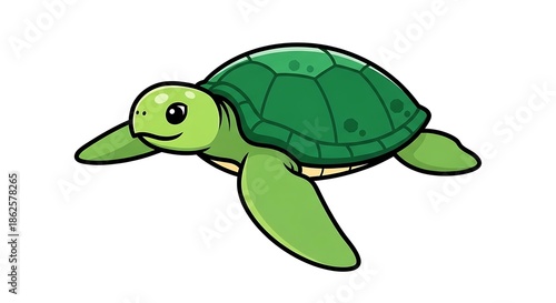 Cute Cartoon Green Sea Turtle Swimming Gracefully Underwater.