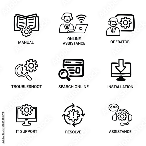 Collection of IT support and troubleshooting icons, including error alerts, maintenance, online assistance, installation, cloud computing, FAQ and more. 