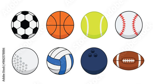 Colorful collection of various sports balls arranged in a simple cartoon style