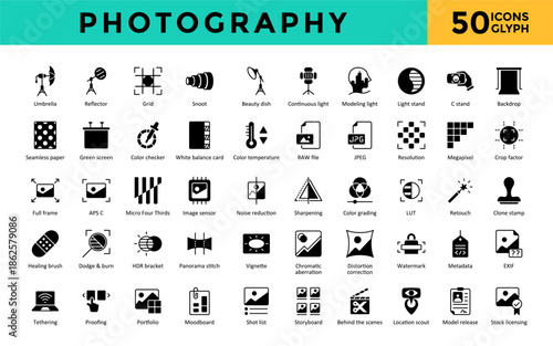Photography icons set with location scout, model release, stock licensing, beauty dish, continuous light, modeling light, light stand, c stand, backdrop icon. Simple glyph vector 
