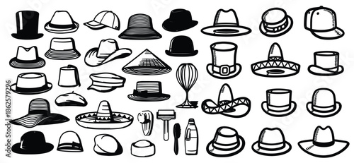 Summer Hats vintage collection for elegant men,woman, female and ladies. hand drawn warm cap, doodle headdress accessories vector isolated set.