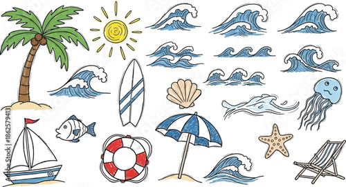 Beach vacation icons and symbols illustration