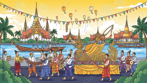 Vibrant procession of people carrying a golden decorated float along a riverbank with traditional thai architecture and boats in the background, festive atmosphere