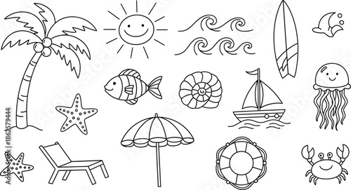 Beach vacation icons and symbols illustration
