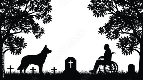 Silhouette of loyal dog and person in wheelchair at graveyard, memory, loss, companionship and remembrance concept illustration isolated on white background