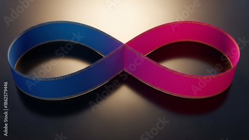 Infinity symbol made from blue and pink ribbon tape intertwined on dark background with gradient lighting with symbolism and eternity and graphic design