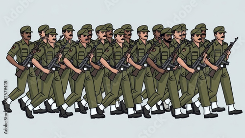 A group of soldiers in green uniforms marching in formation with rifles with military and army and military personnel and troops and infantry