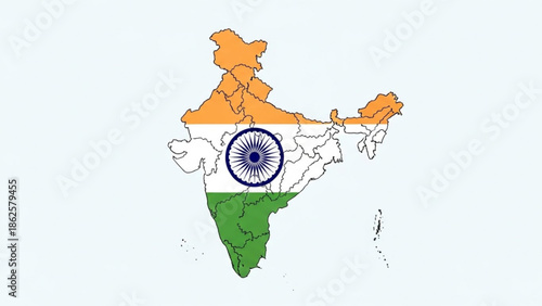 Map of india with indian flag colors and ashoka chakra emblem overlay on white background, india map illustration with national symbol and country map