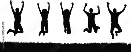 Jumping people silhouettes celebrating freedom and happiness outdoors, energetic group activity concept, minimalist black figures isolated on white background