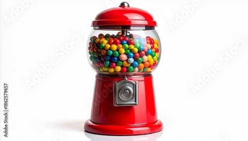 A classic red gumball machine filled with colorful gumballs, nostalgic charm against a clean background.