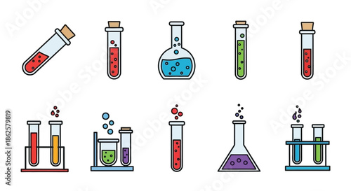 Colorful test tubes and beakers with liquids a science laboratory illustration