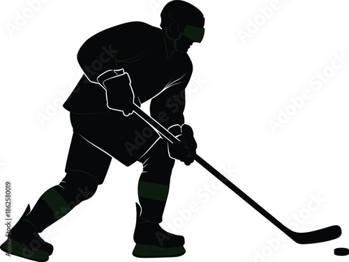 Silhouette of ice hockey player shooting puck with stick, representing speed, power, teamwork, winter sport competition, athletic performance concept