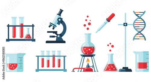 Laboratory equipment illustration test tubes microscope beakers and dna strands