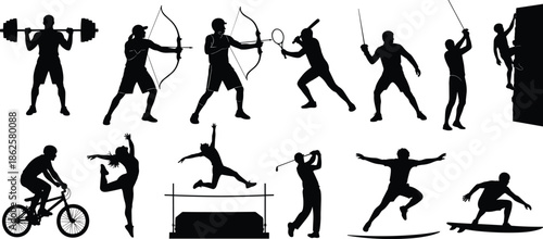 Silhouettes of athletes performing diverse sports activities, showcasing strength, agility, competition, fitness training, extreme sports, and athletic lifestyle concepts