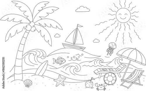 Beach vacation icons and symbols illustration