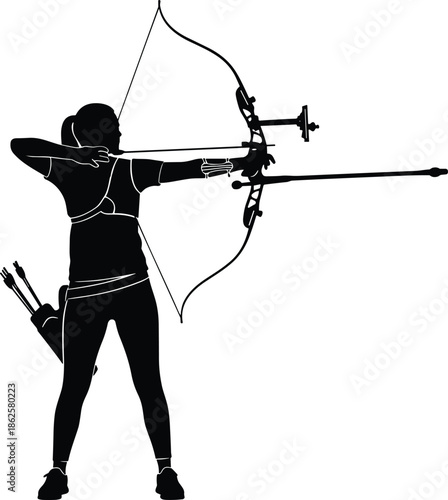 Silhouette of female archer aiming compound bow, symbolizing precision, focus, strength, archery sport, target practice, competitive athletic performance concept