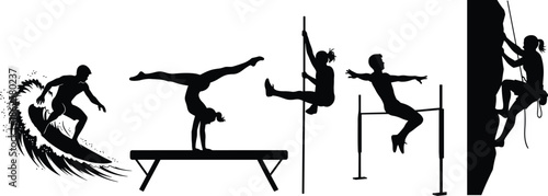 Silhouettes of athletes performing extreme and gymnastics sports activities, representing strength, balance, agility, endurance, fitness training, athletic performance concept
