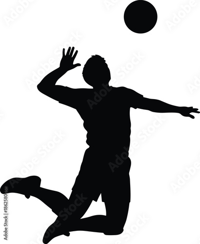 Silhouette of volleyball player jumping to spike ball, representing athletic power, agility, competition, teamwork, dynamic sports action concept